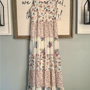 Speechless Floral Maxi Dress in White with Pink, Green & Purple Accents